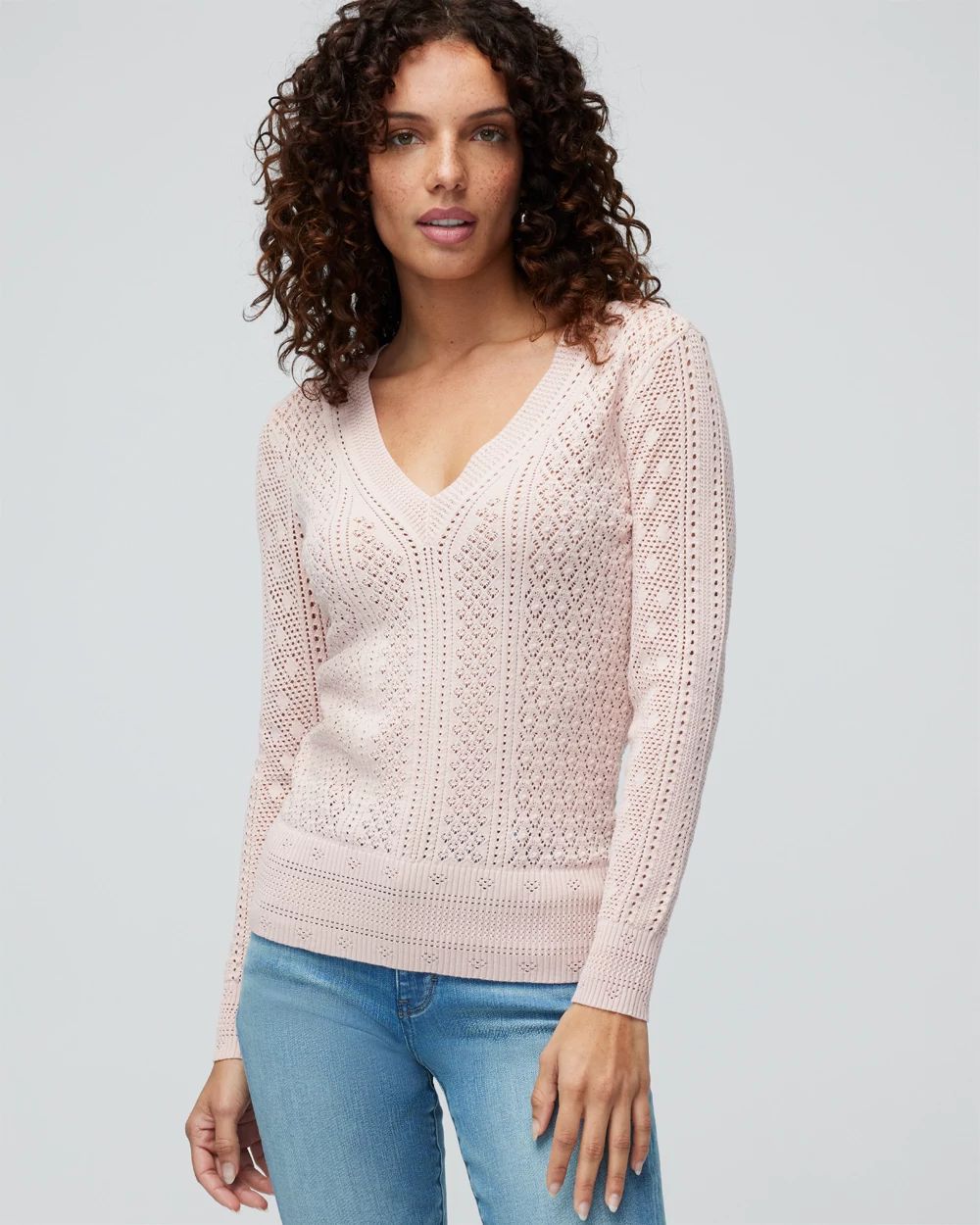 Pointelle v deals neck sweater